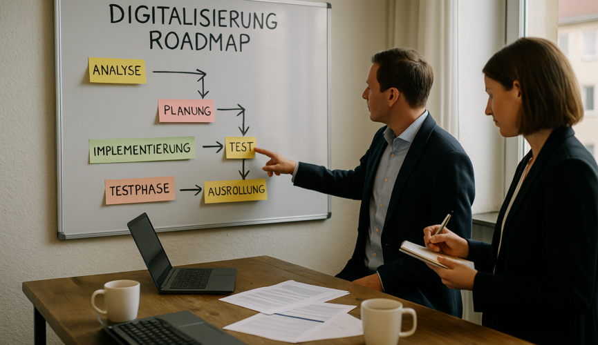 Beratungssituation am Whiteboard mit Digitalisierungs-Roadmap in fünf Schritten