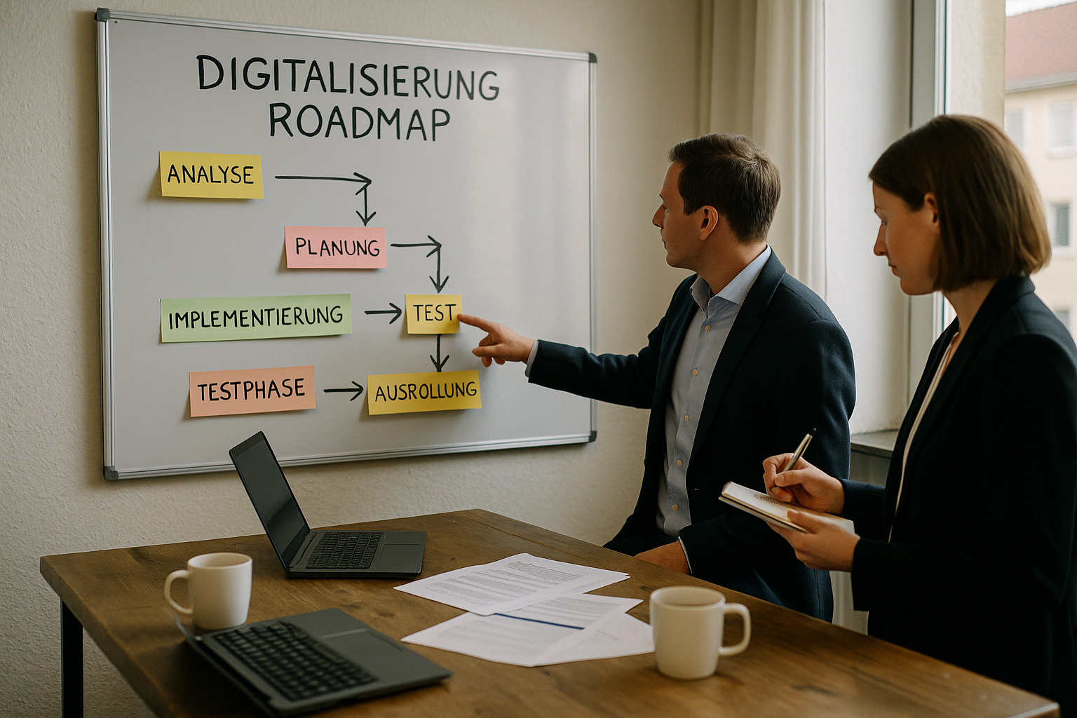 Beratungssituation am Whiteboard mit Digitalisierungs-Roadmap in fünf Schritten