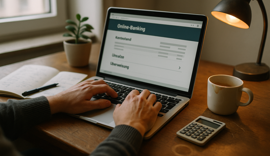 Schreibtisch mit Laptop und Online-Banking-Oberfläche, Notizen und Taschenrechner