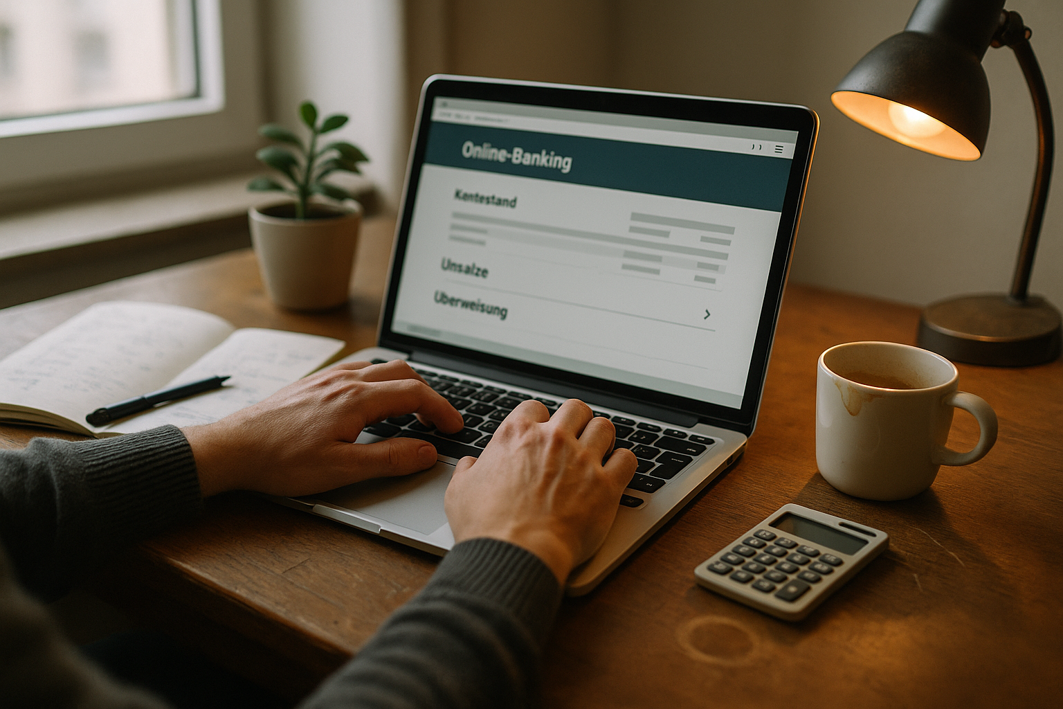 Schreibtisch mit Laptop und Online-Banking-Oberfläche, Notizen und Taschenrechner