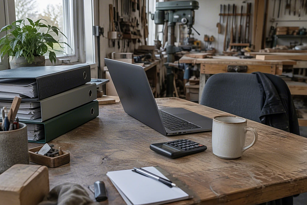Schreibtisch mit Laptop, Aktenordnern und Taschenrechner in einem kleinen Handwerksbetrieb, im Hintergrund die Werkstatt